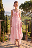 Vestido midi de chiffon azul con escote húlter y filetes