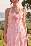 Vestido midi de chiffon azul con escote húlter y filetes