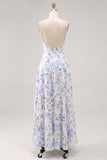 Vestido Maxi sin espalda con filetes finos de flor azul y chiffon de flor azul A-Line