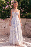 Vestido Maxi sin espalda con filetes finos de flor azul y chiffon de flor azul A-Line