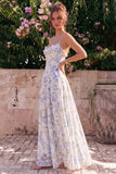 Vestido Maxi sin espalda con filetes finos de flor azul y chiffon de flor azul A-Line