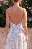 Vestido Maxi sin espalda con filetes finos de flor azul y chiffon de flor azul A-Line