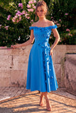 Vestido midi azul A-line con hombros descubiertos y flores 3D