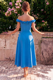 Vestido midi azul A-line con hombros descubiertos y flores 3D