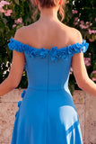 Vestido midi azul A-line con hombros descubiertos y flores 3D
