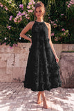 Vestido midi de línea A azul claro con escote halterno y flores 3D