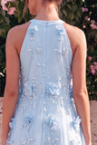 Vestido midi de línea A azul claro con escote halterno y flores 3D