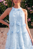 Vestido midi de línea A azul claro con escote halterno y flores 3D