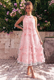 Vestido midi de línea A azul claro con escote halterno y flores 3D
