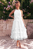 Vestido midi de línea A azul claro con escote halterno y flores 3D