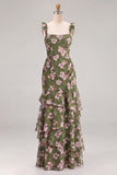 Vestido largo de dama de honor de flor verde en línea A, chiffon de chiffon con tirantes gruesos y tirantes largos