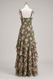 Vestido largo de dama de honor de flor verde en línea A, chiffon de chiffon con tirantes gruesos y tirantes largos