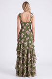 Vestido largo de dama de honor de flor verde en línea A, chiffon de chiffon con tirantes gruesos y tirantes largos