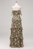 Vestido largo de dama de honor con flor verde en Aline, de chiffon con volantes y flor descubierto, hombro descubierto