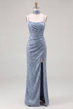 Vestido de dama de honor azul polvoriento Jacquard Maxi con bufanda de cuello largo
