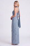 Vestido de dama de honor azul polvoriento Jacquard Maxi con bufanda de cuello largo
