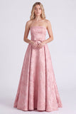 Vestido largo largo de dama de honor rosa rosa de satén A-Line con lazo