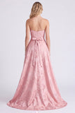 Vestido largo largo de dama de honor rosa rosa de satén A-Line con lazo