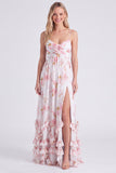 Vestido largo de dama de honor de chiffon azul claro floral en línea fina con volantes y abertura