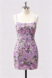 Vestido corto de bienvenida con bordado floral lila bodycon lentejuelas y cordón en la espalda