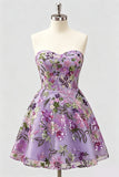 Vestido de bienvenida floral lila A-Line Sweetheart con lentejuelas y encaje en la espalda