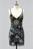 Blu marino bodycon tirantes finos, lentejuelas, vestido corto de bienvenida con encaje en la espalda