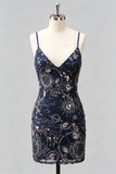 Blu marino bodycon tirantes finos, lentejuelas, vestido corto de bienvenida con encaje en la espalda