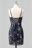 Blu marino bodycon tirantes finos, lentejuelas, vestido corto de bienvenida con encaje en la espalda