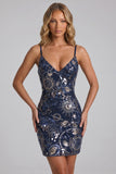 Blu marino bodycon tirantes finos, lentejuelas, vestido corto de bienvenida con encaje en la espalda