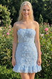 Vestido de bienvenida a casa, sin tirantes y volantes con volantes y cuentas florales azul claro, con encaje en la espalda