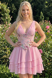 Vestido de bienvenida rosa rosa floral de escote en pico, con lentejuelas en niveles y encaje en la espalda
