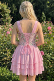 Vestido de bienvenida rosa rosa floral de escote en pico, con lentejuelas en niveles y encaje en la espalda