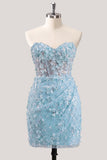 Bodycon Strapless Floral Corset transparente Corset de lentejuelas Vestido de Homecoming con encaje en la espalda