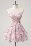 Sweetheart A-Line rosa floral fruncido, con volantes y vestido de bienvenida con lazo