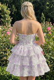 Corsé corsé rosa de cortes florales en línea A de nivel Sweetheart Vestido corto de bienvenida