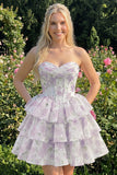 Corsé corsé rosa de cortes florales en línea A de nivel Sweetheart Vestido corto de bienvenida