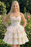 Corsé corsé rosa de cortes florales en línea A de nivel Sweetheart Vestido corto de bienvenida
