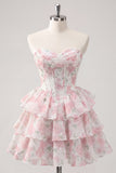 Corsé corsé rosa de cortes florales en línea A de nivel Sweetheart Vestido corto de bienvenida