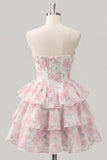 Corsé corsé rosa de cortes florales en línea A de nivel Sweetheart Vestido corto de bienvenida