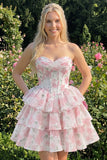 Corsé corsé rosa de cortes florales en línea A de nivel Sweetheart Vestido corto de bienvenida
