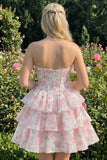 Corsé corsé rosa de cortes florales en línea A de nivel Sweetheart Vestido corto de bienvenida