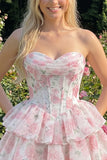 Corsé corsé rosa de cortes florales en línea A de nivel Sweetheart Vestido corto de bienvenida