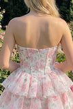 Corsé corsé rosa de cortes florales en línea A de nivel Sweetheart Vestido corto de bienvenida