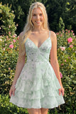 Vestido de bienvenida rosa con volantes de tirantes finos en línea A con tirantes finos en línea A