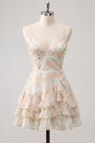 Vestido de bienvenida rosa con volantes de tirantes finos en línea A con tirantes finos en línea A