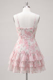 Vestido de bienvenida rosa con volantes de tirantes finos en línea A con tirantes finos en línea A