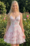 Vestido de bienvenida rosa con volantes de tirantes finos en línea A con tirantes finos en línea A