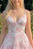 Vestido de bienvenida rosa con volantes de tirantes finos en línea A con tirantes finos en línea A