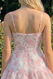 Vestido de bienvenida rosa con volantes de tirantes finos en línea A con tirantes finos en línea A