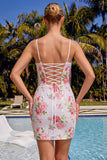 Vestido de bienvenida de bienvenida con Bodycon blanco blanco brillante de tirantes finos florales con lentejuelas
